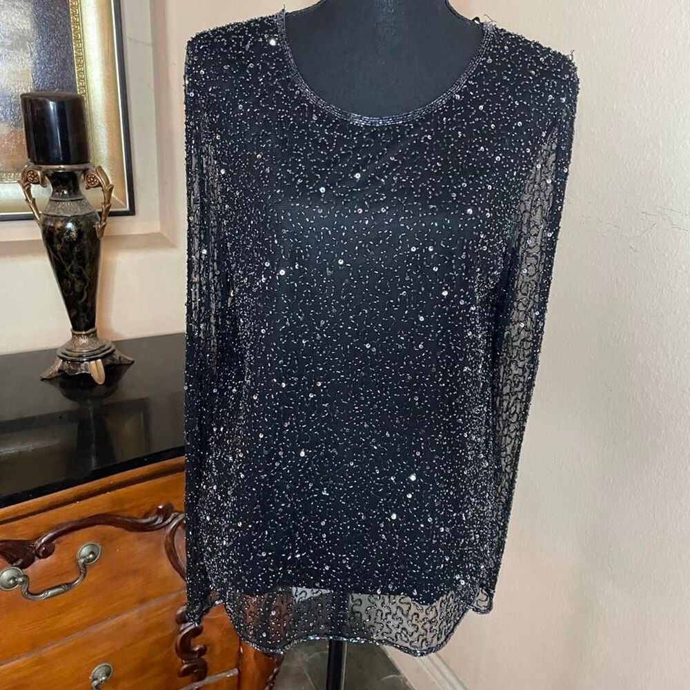 Vintage whimsigoth black beaded long sleeve blouse with sheer sleeves